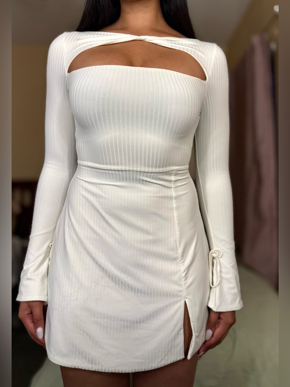 Oh Polly White Ribbed Cutout Long Sleeve Mini Dress – Size 6 - Picture 2 of 7